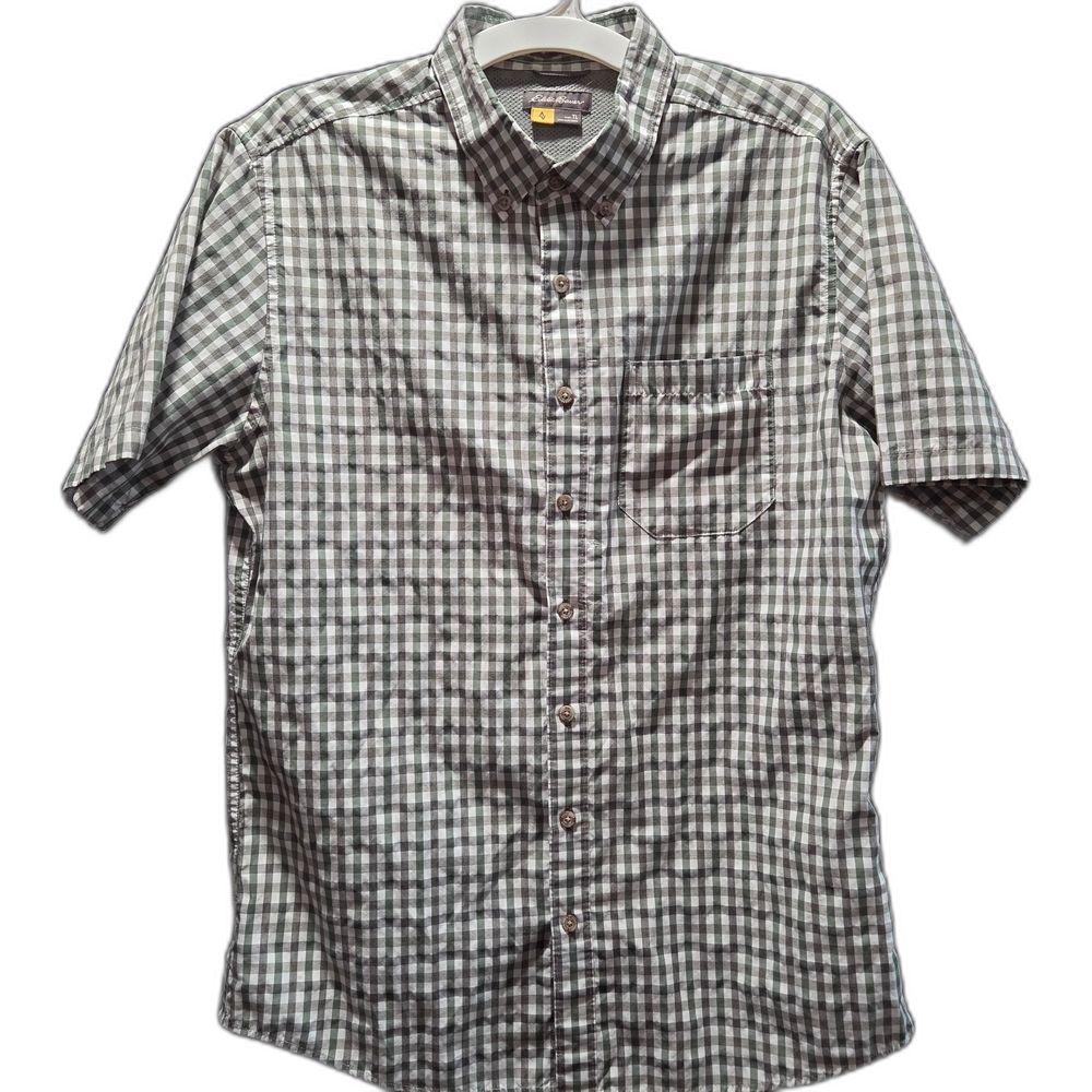 Eddie Bauer Guide Shirt Short Sleeve Utility Sz L Gingham Button Down Ventilated
